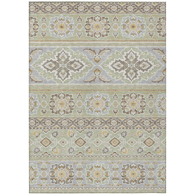 Green and ivory tribal area rug with horizontal bands and medallion florals