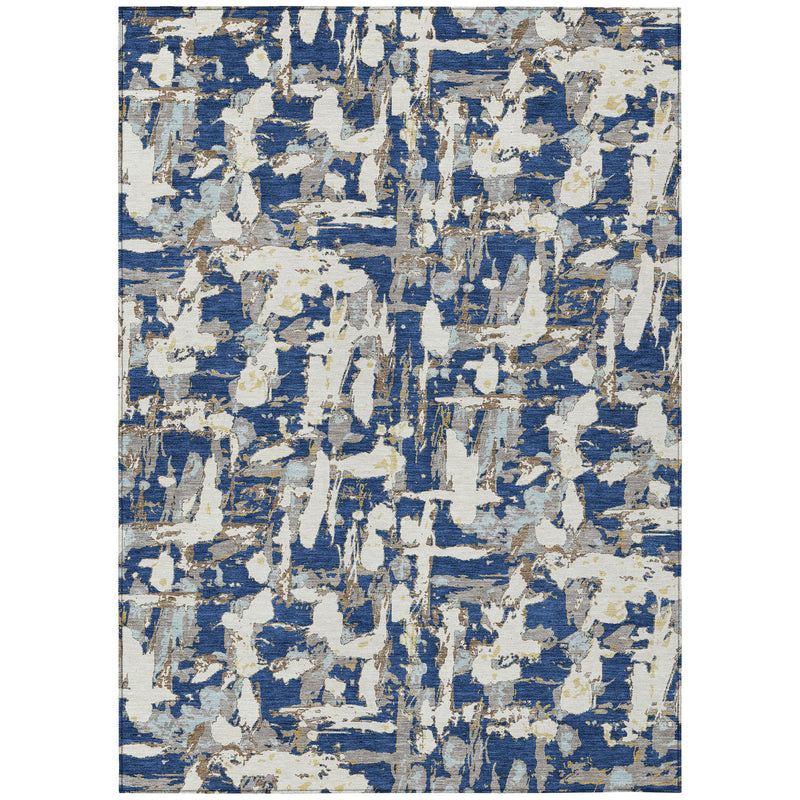 Rectangular navy and beige abstract area rug with distressed brushstroke texture, flat view