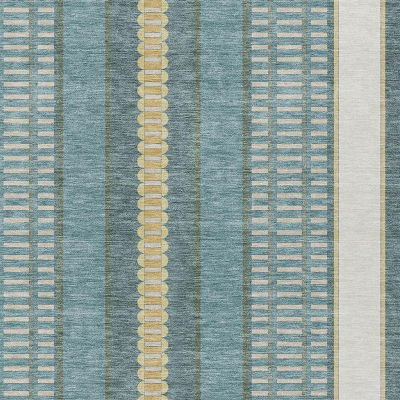 Teal blue striped rug with gold center column and cream side sections.