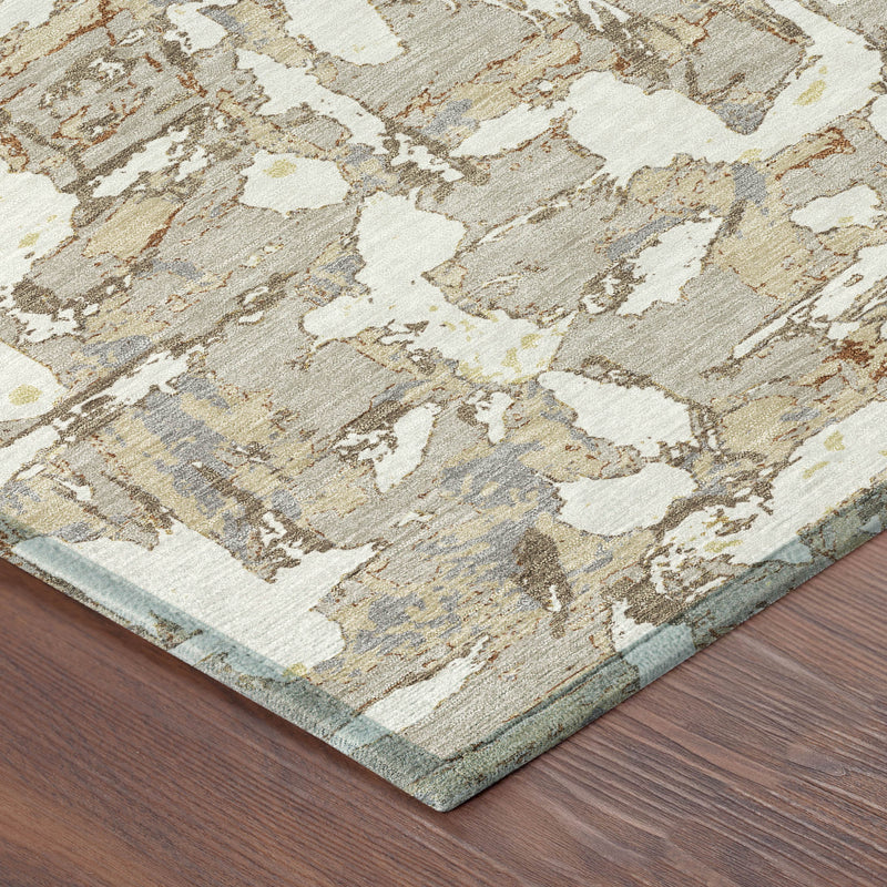 Beige and gray abstract area rug corner with textured, distressed pattern