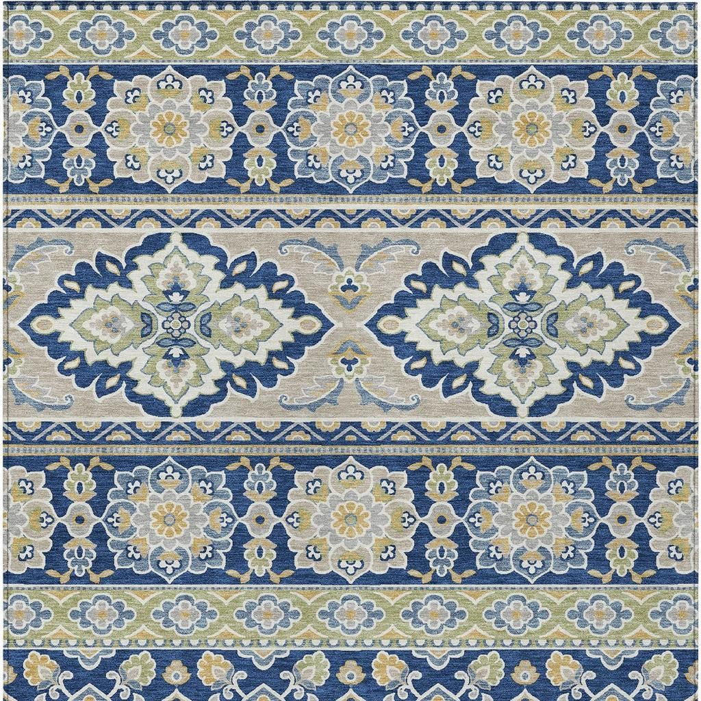 10' X 14' Navy Blue And Beige Tribal Washable Indoor Outdoor Area Rug - Sports & Outdoor