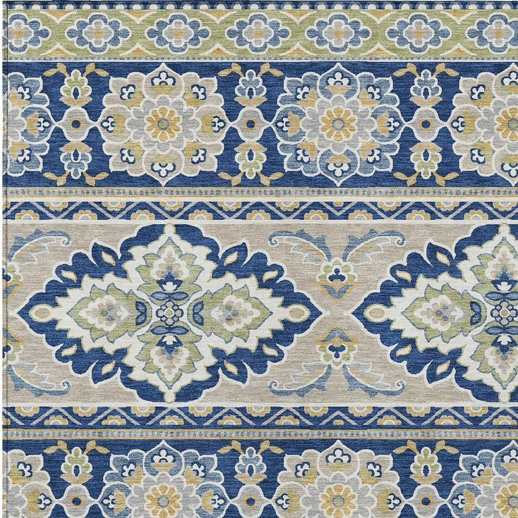 10' X 14' Navy Blue And Beige Tribal Washable Indoor Outdoor Area Rug - Sports & Outdoor