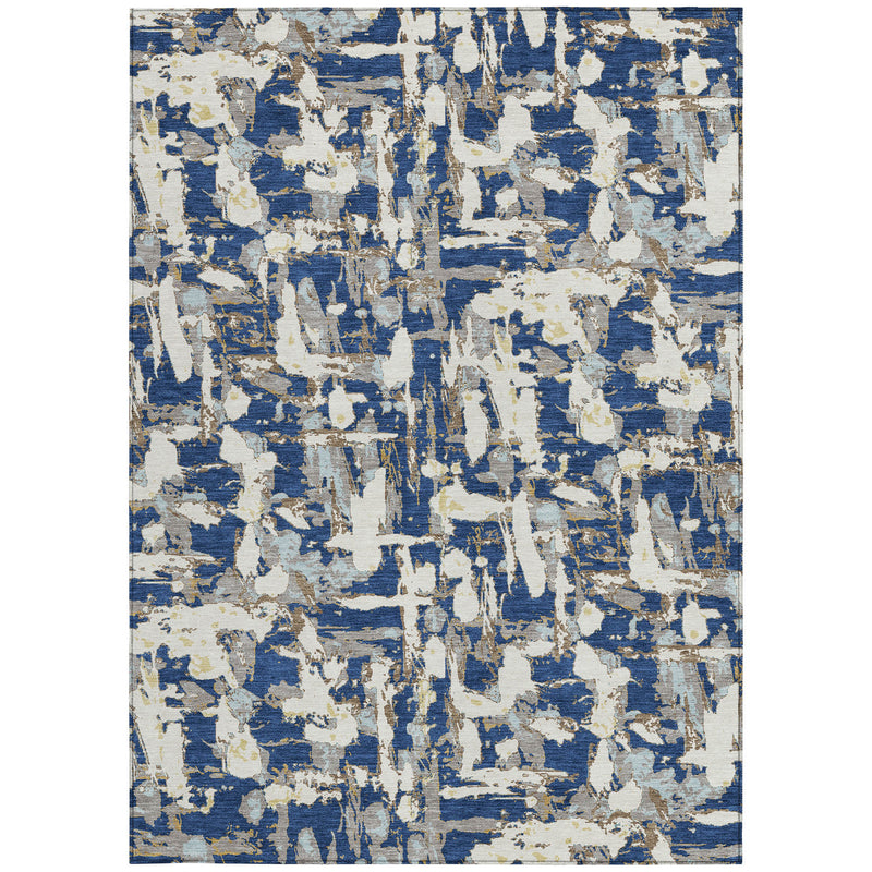 Rectangular navy and beige abstract area rug with distressed brushstroke pattern