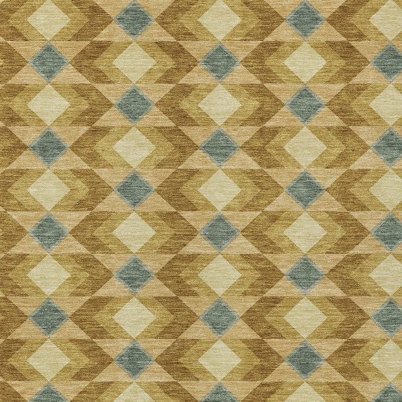 Close-up of geometric area rug pattern with cream diamonds and muted blue accents on tan