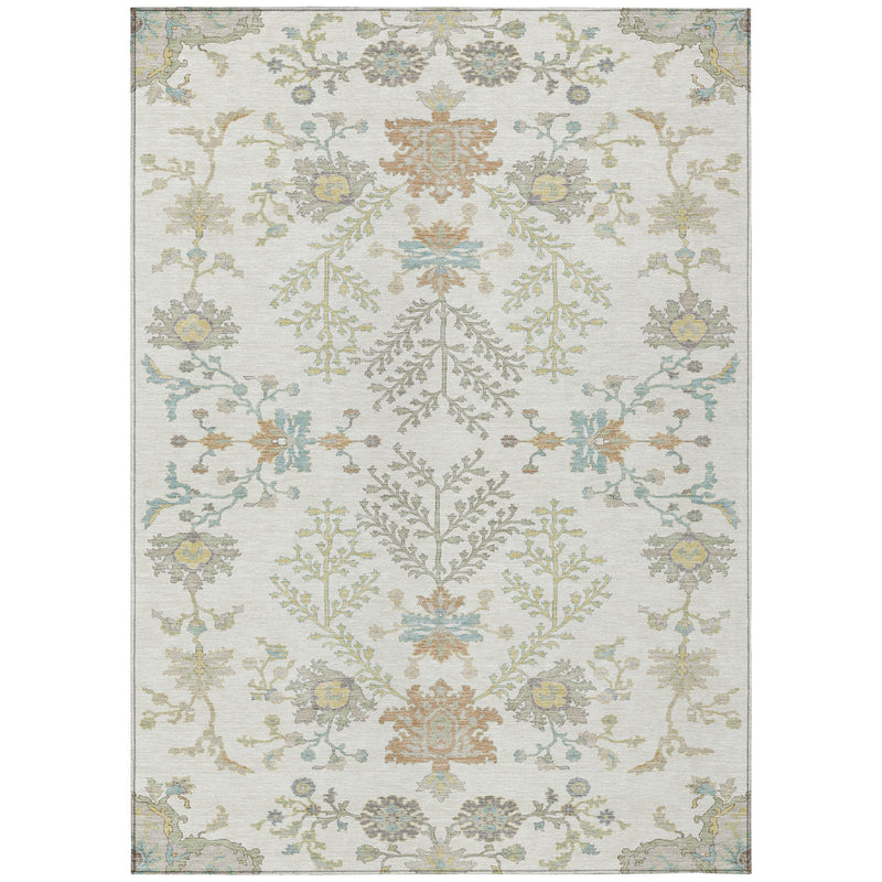 Full view of ivory area rug with dense floral damask-style pattern in beige and blue-green