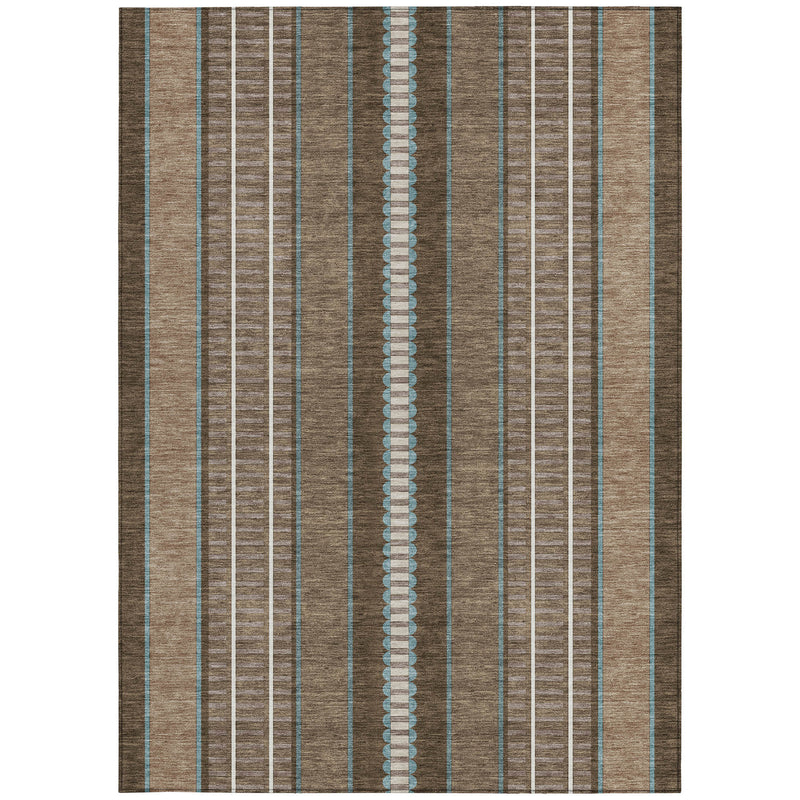 Rectangular vertical striped area rug in tan, dark brown, and blue with white lines