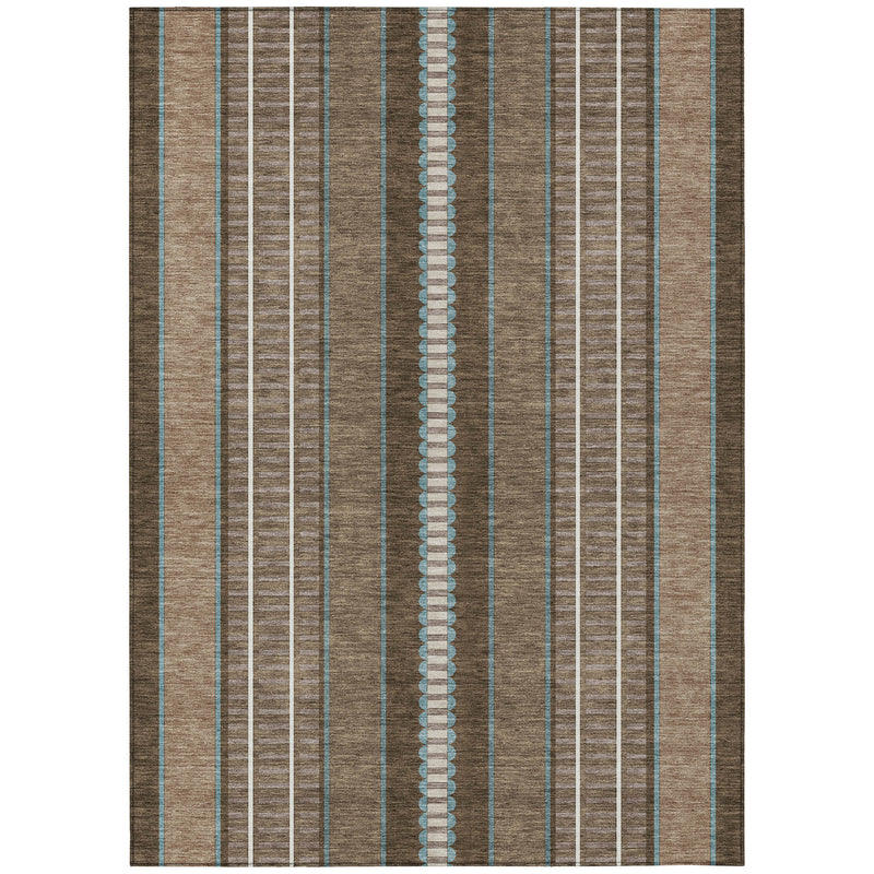 Full rectangular rug with vertical stripes in tan, chocolate brown, and blue accents