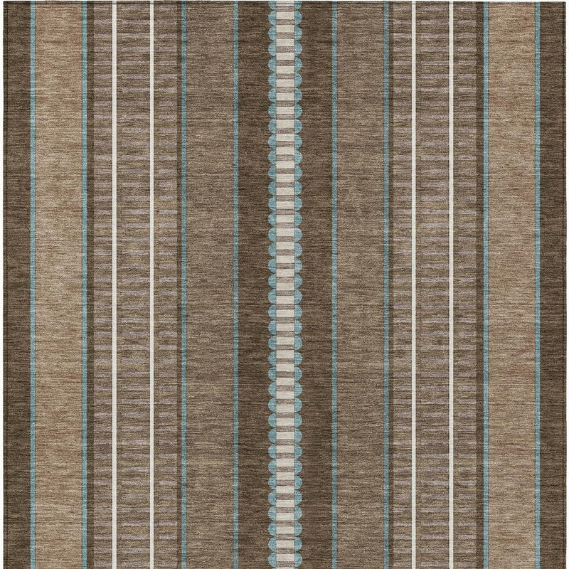 Close-up of vertical striped area rug with center blue dotted stripe and white lines