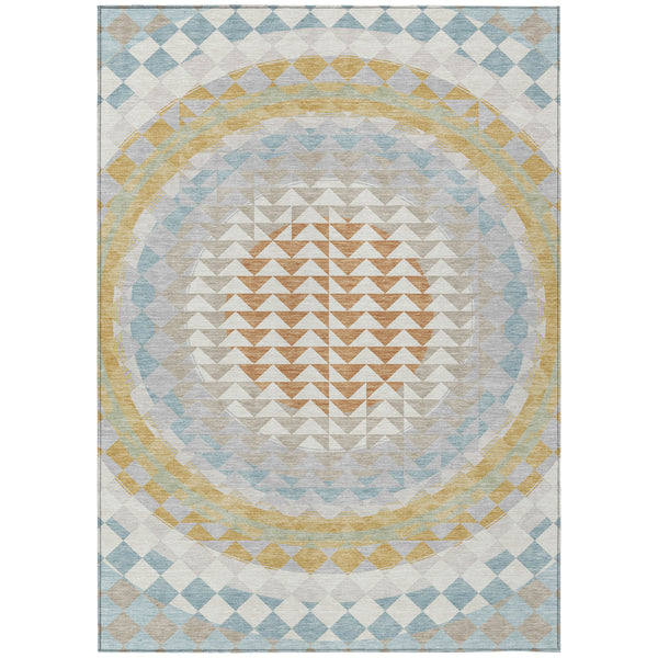 Geometric washable area rug with ivory background, blue diamonds, and warm gold border medallion.