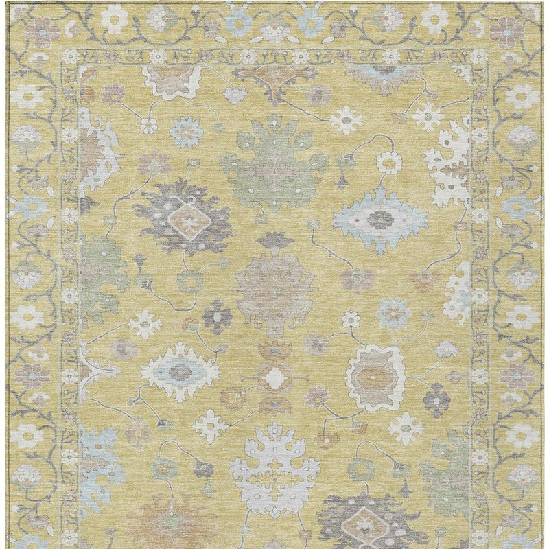 Wheat and ivory oriental area rug full view with light blue floral and vine design