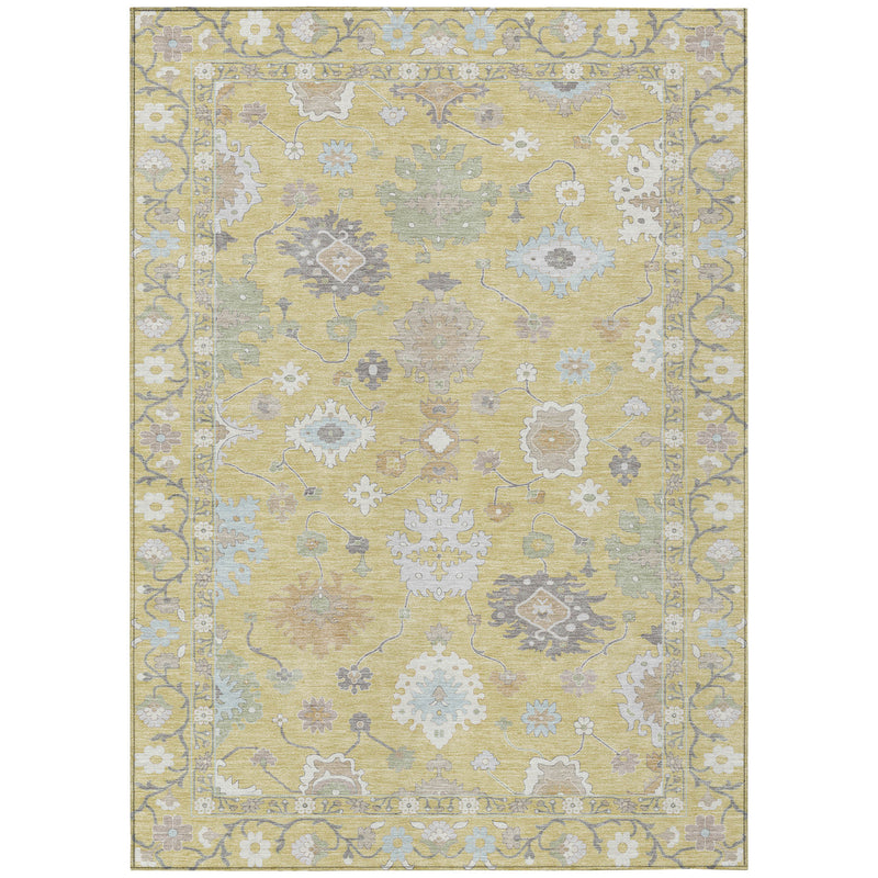 Wheat and ivory oriental area rug centered view with light blue floral medallions
