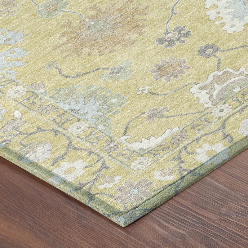 Wheat and ivory oriental area rug corner with light blue floral vines and motifs