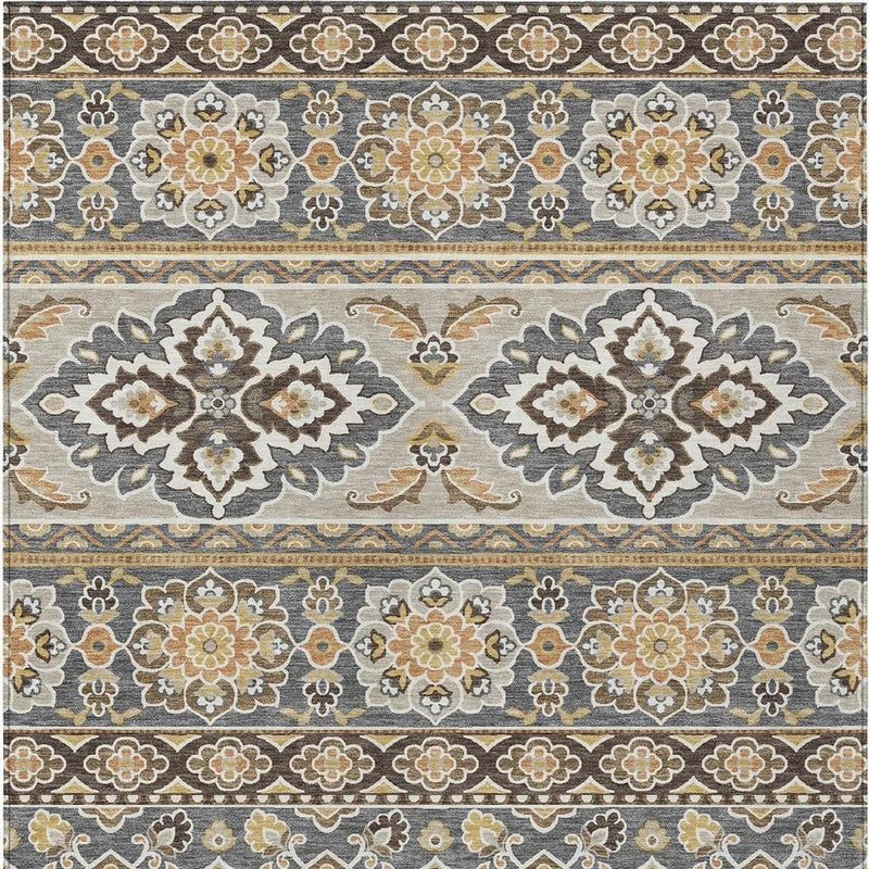 Gray and ivory area rug with dense floral medallions and teal-brown accents