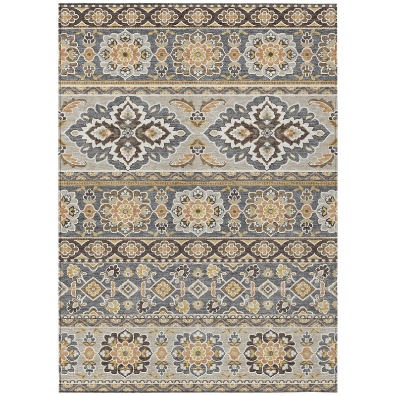 Full view area rug with horizontal stripes of floral and diamond motifs