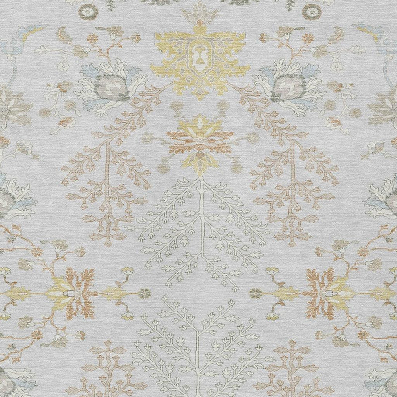 Center section of gray and ivory oriental rug with symmetrical floral and lattice ornament