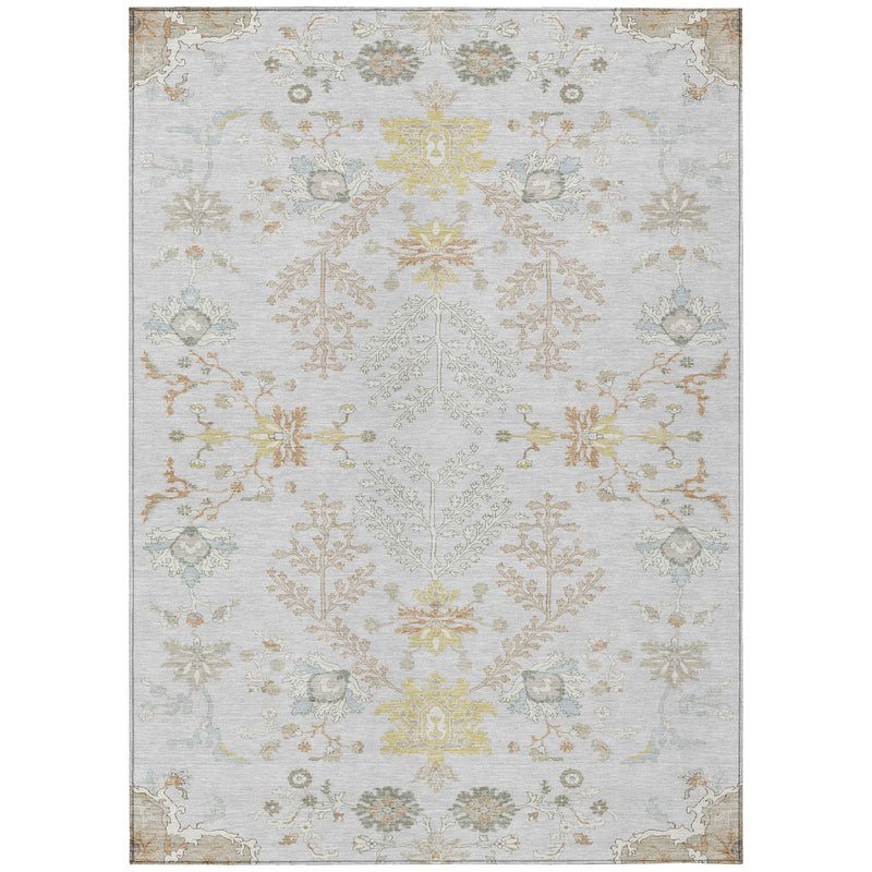 Gray and ivory oriental washable indoor outdoor area rug with ornate floral pattern