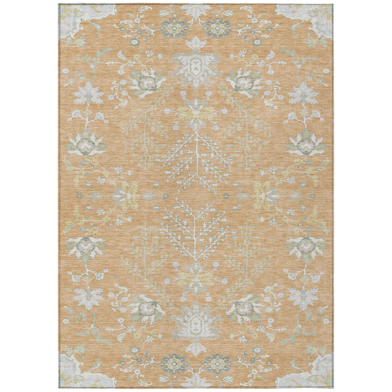 Peach and ivory oriental area rug with light blue and white floral motifs