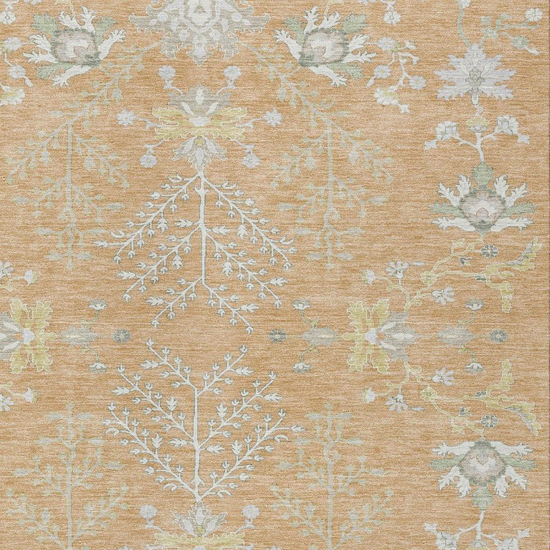 Peach and ivory oriental area rug with light blue floral and vine medallion pattern