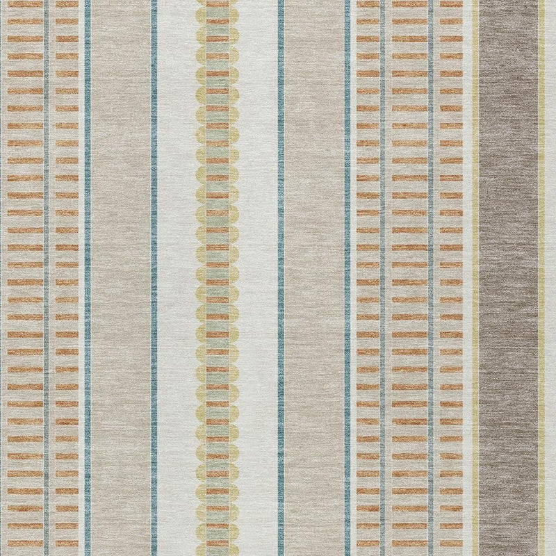 Ivory area rug close-up with vertical stripes in blue-green and tan with small motifs