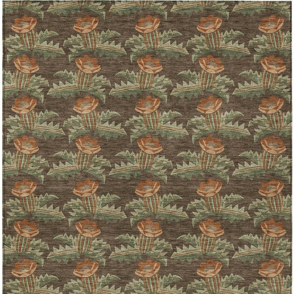 10' X 14' Chocolate And Graphite Floral Washable Indoor Outdoor Area Rug - Sports & Outdoor