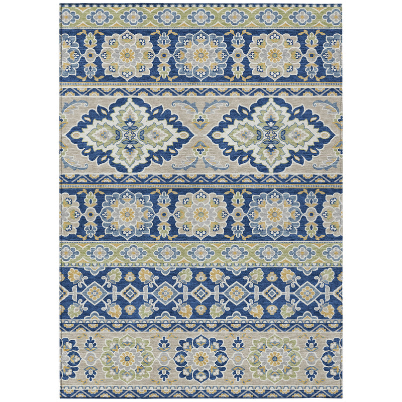 Navy and beige tribal area rug laid flat, full design with wide border and medallions