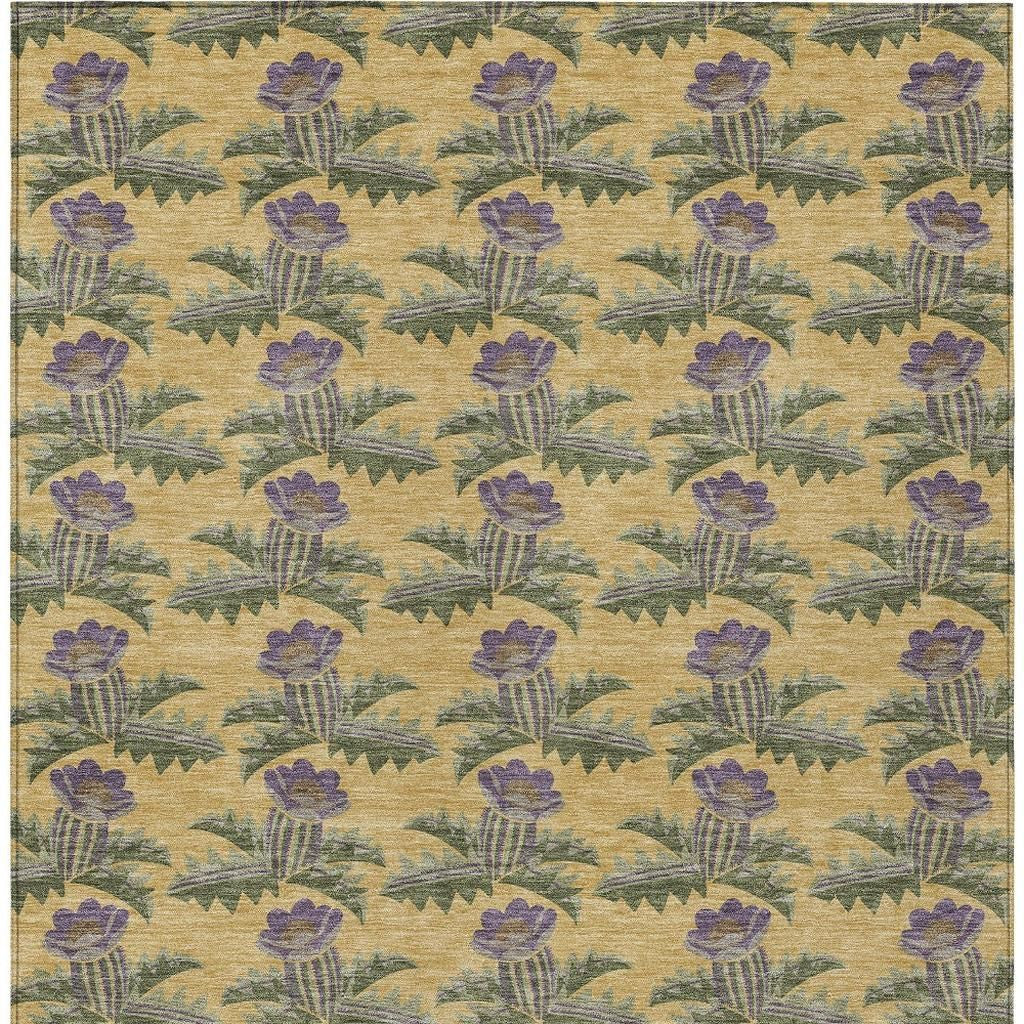 3' X 5' Gold And Khaki Floral Washable Indoor Outdoor Area Rug - Sports & Outdoor