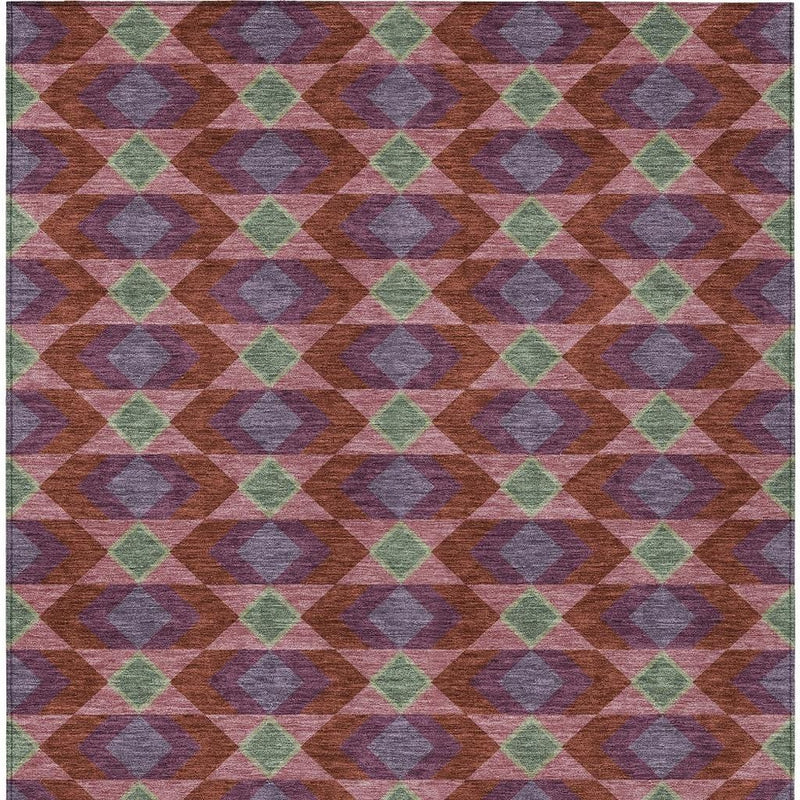 Multicolor geometric diamond area rug in burgundy, pewter gray, green, and tan