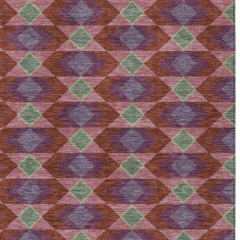 Geometric wash-pattern rug with burgundy, pewter gray, sage green, and tan diamonds