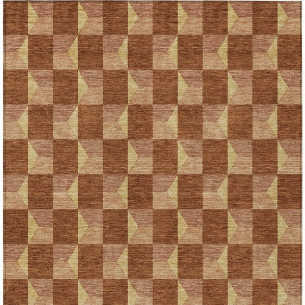 Geometric area rug with repeating brown, tan, and cream square pattern.