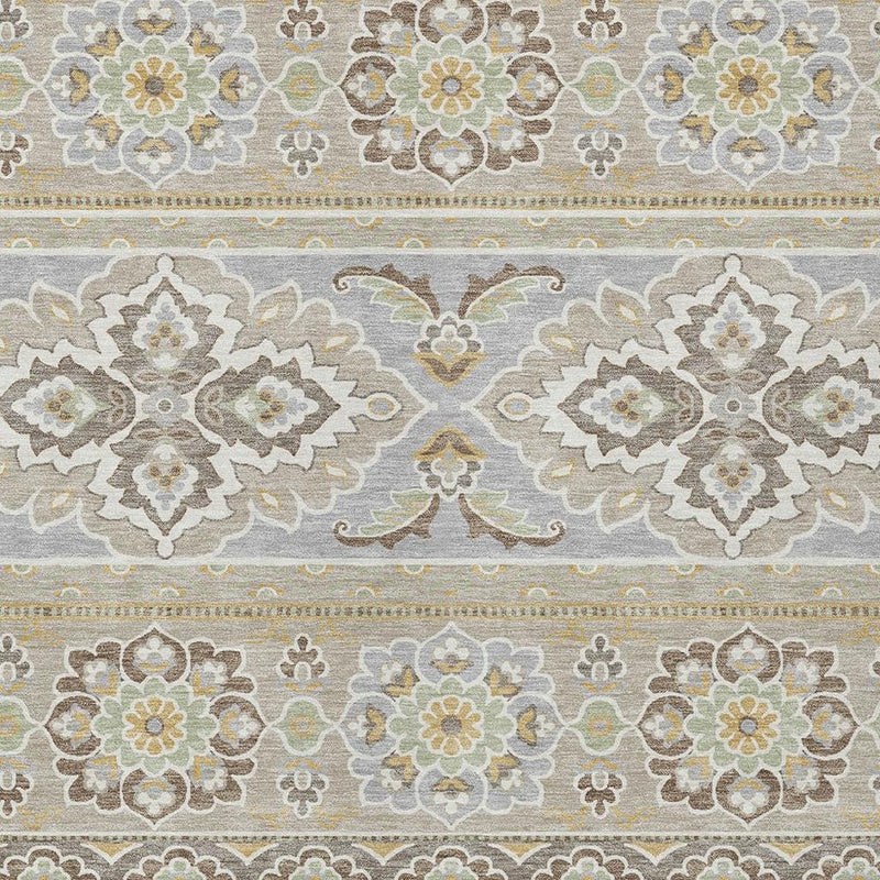Beige and ivory tribal area rug with repeating floral medallions and border linework.