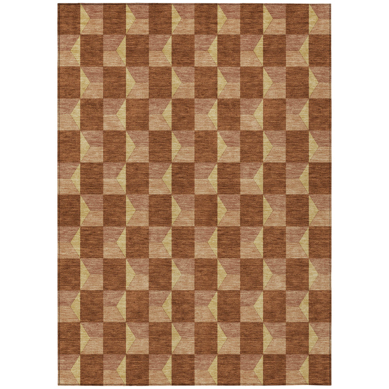 Geometric area rug with bordered square layout in brown and tan with cream accents.