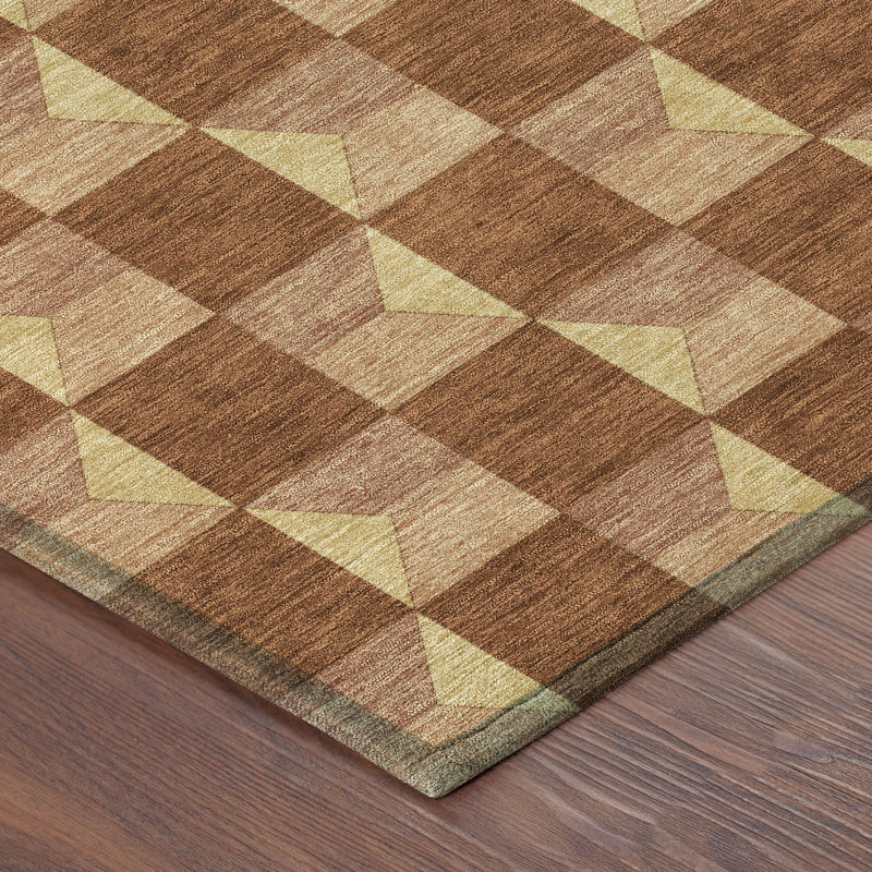 Geometric area rug with diagonal brown and tan blocks and pale yellow highlights.