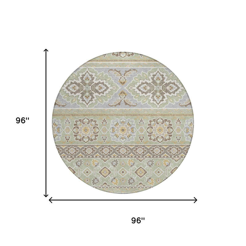 Round green and ivory floral tribal area rug, size marked 96 in diameter