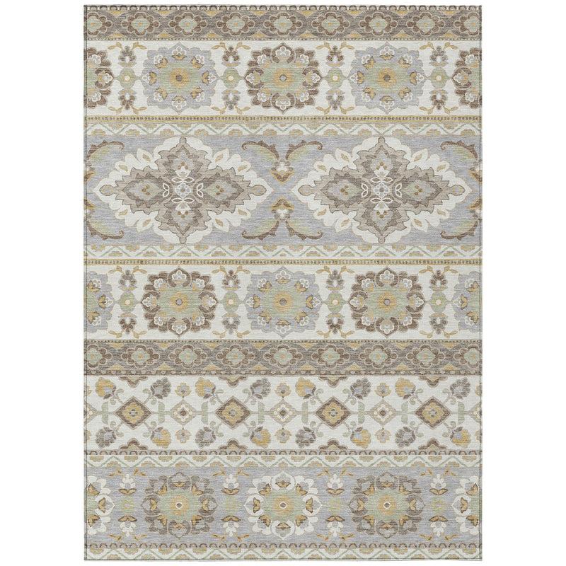 Ivory and silver tribal area rug with repeating motifs and multicolor stripe bands