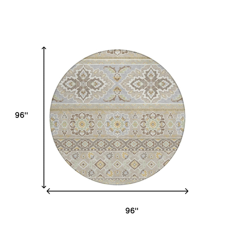 Round tribal area rug, beige and ivory with gray-green pattern; 96 in diameter.