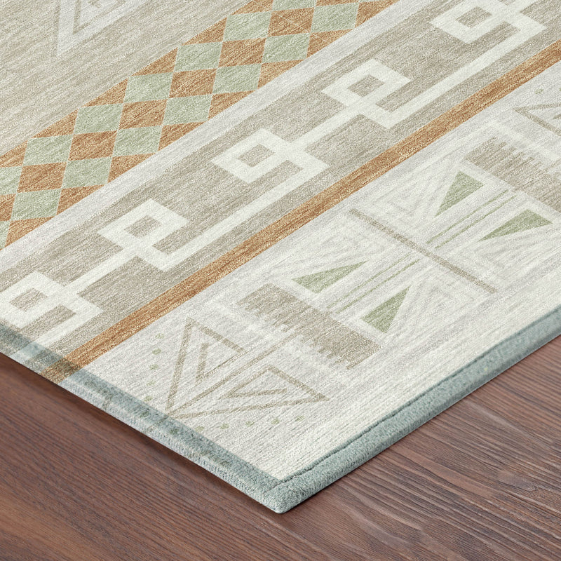 Corner view of light gray area rug with geometric pattern border in terracotta and green.