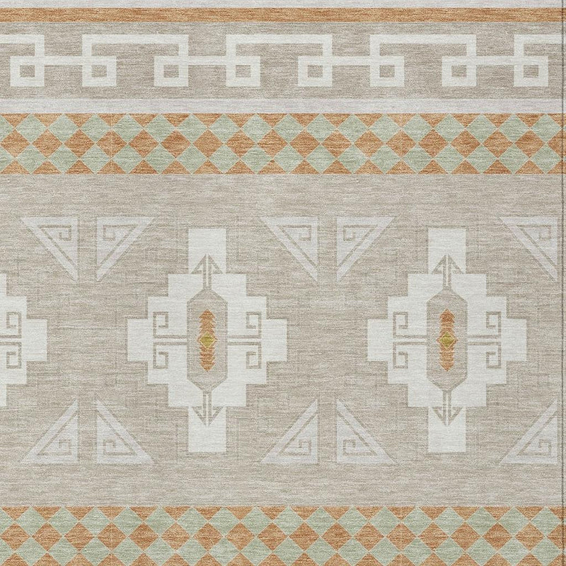 Light gray area rug with ivory, green, and terracotta tribal medallion motif and trim bands.