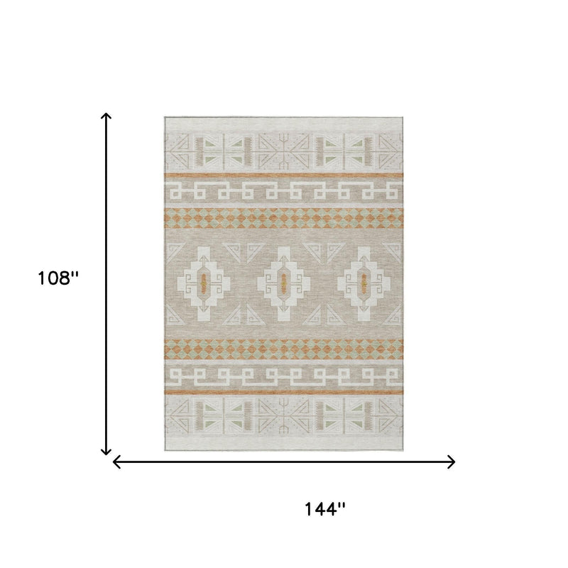 Rectangular rug size diagram: 9 ft by 12 ft, tribal ivory and green geometric pattern.