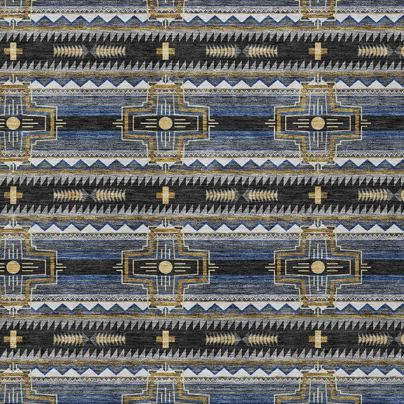 Geometric pattern area rug detail with dark stripes, blue bands, and gold cross motifs