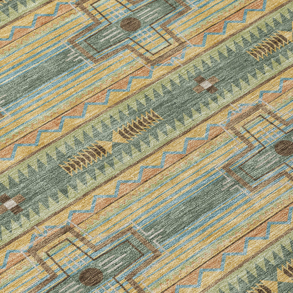 Green and beige tribal geometric area rug, close-up of border stripes and medallions