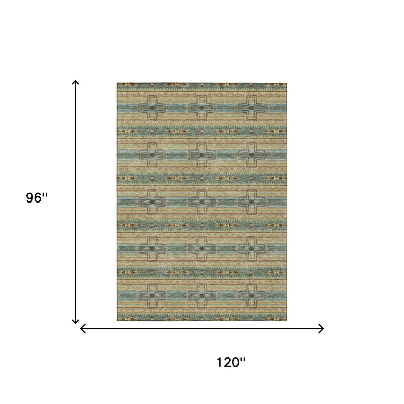 Size diagram of turquoise, green, and tan tribal area rug, 96 in x 120 in
