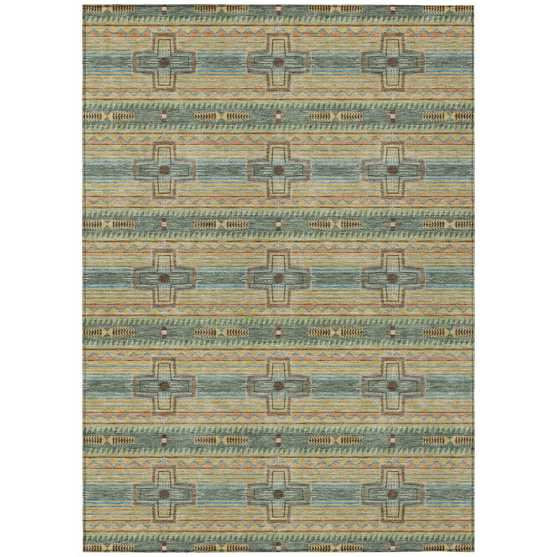 Turquoise, green, and orange-beige tribal patterned area rug, full view