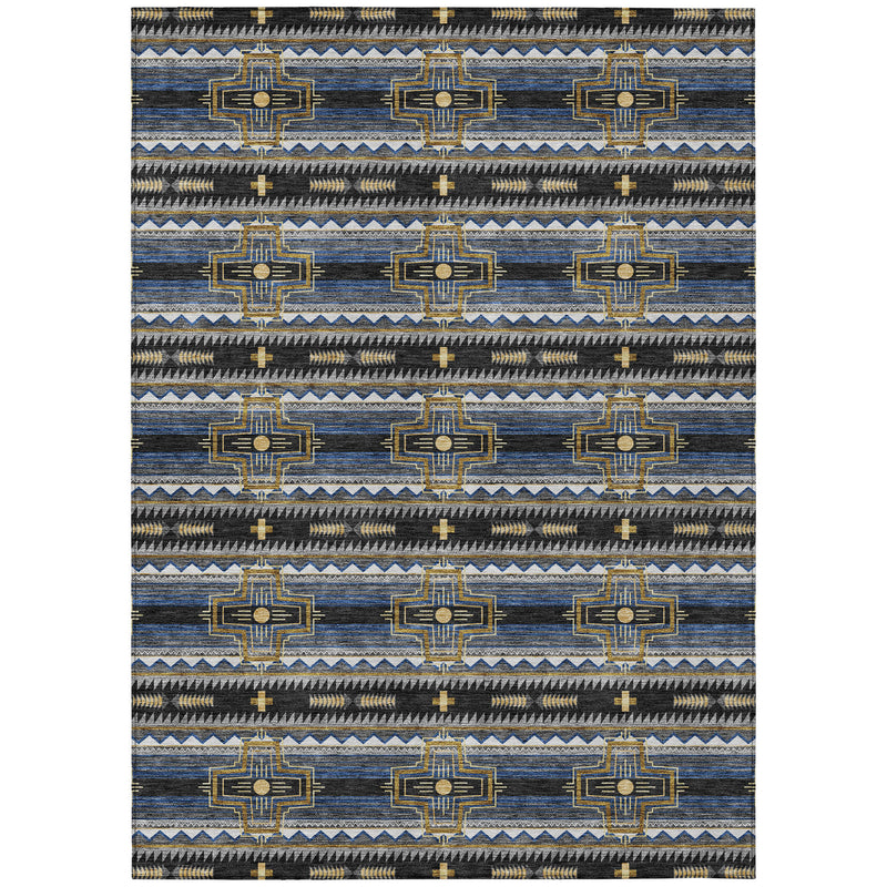 Rectangular tribal area rug with dark base, blue stripes, and gold medallion repeat pattern.