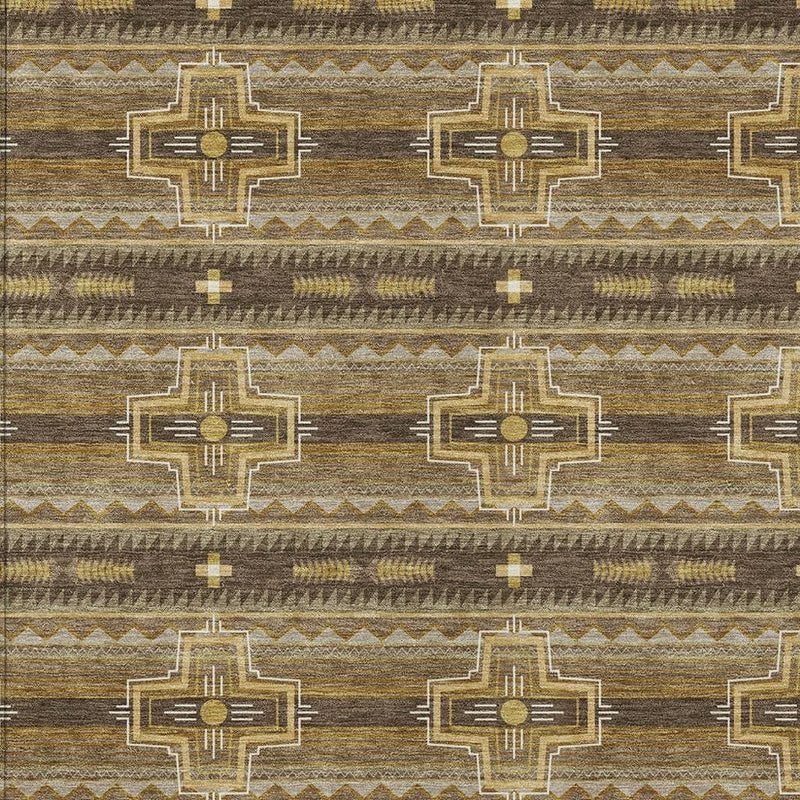 Pattern detail: tan outlined tribal crosses on chocolate brown rug with gold centers