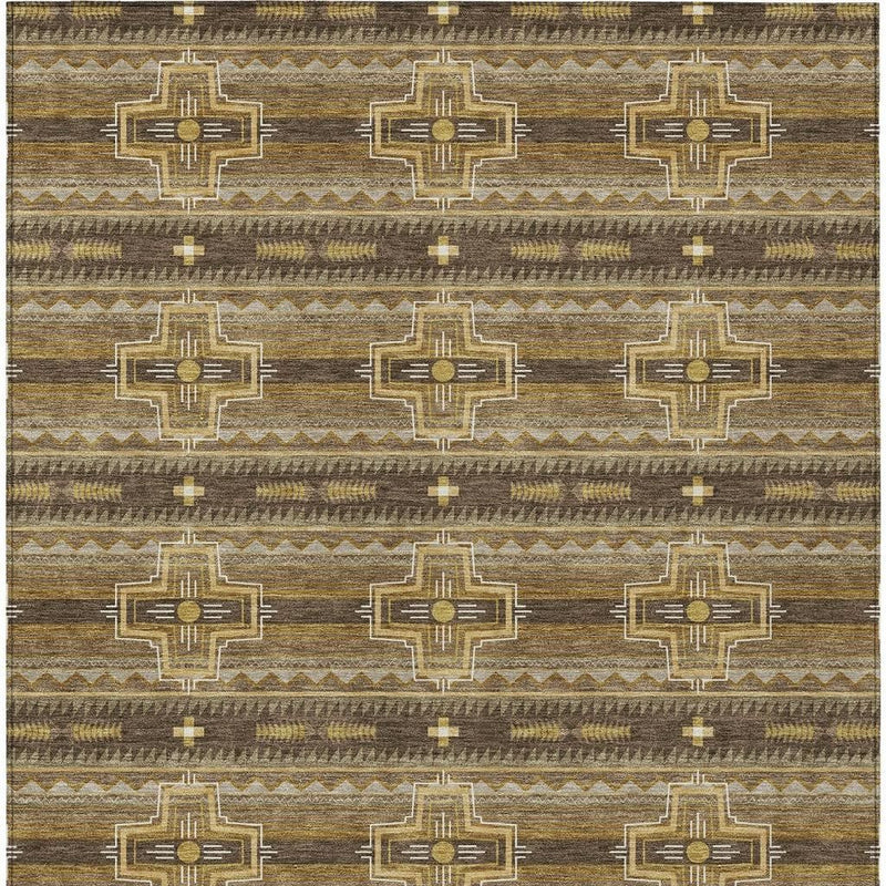 Rectangular tribal rug featuring repeating cross and line motifs in brown and tan.