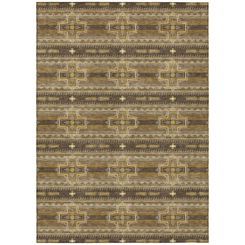 Full view tribal rug with repeating cross motifs and striped bands in brown and tan.