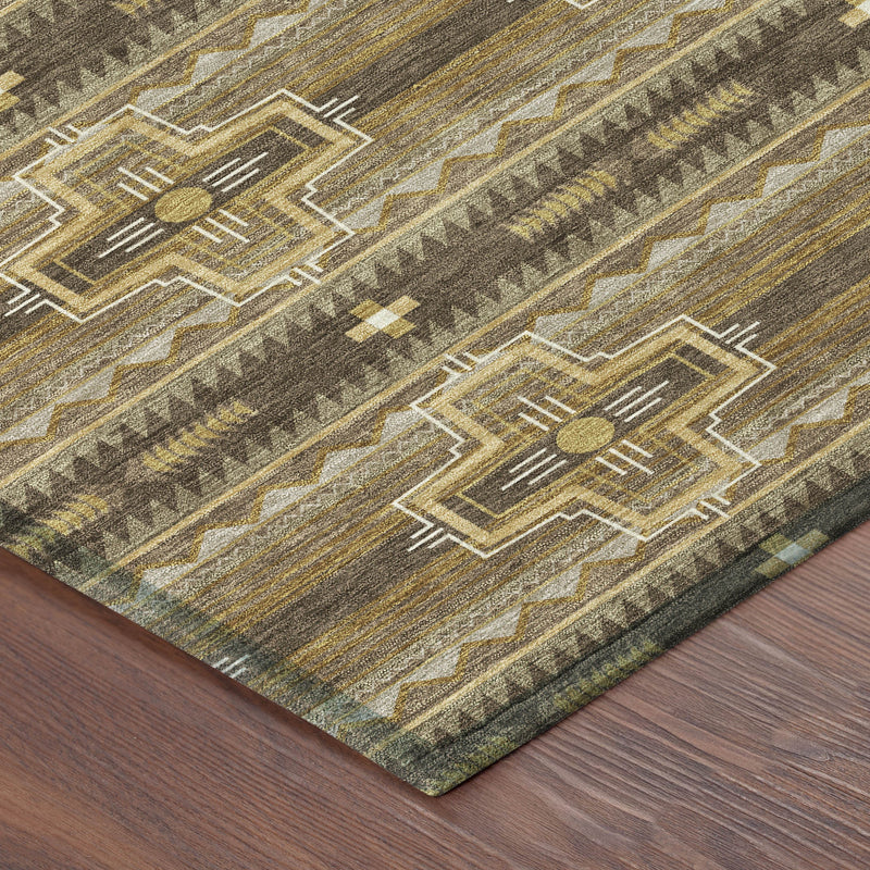 Close-up corner of tribal area rug with geometric lines, crosses, and light tan accents.