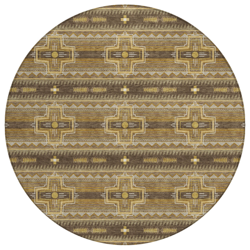 Round tribal area rug centered flat pattern in brown, tan, and cream
