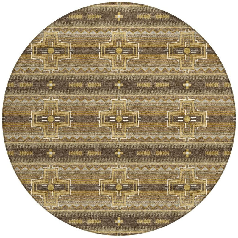 Round tribal area rug with symmetrical geometric blocks and light tan accents