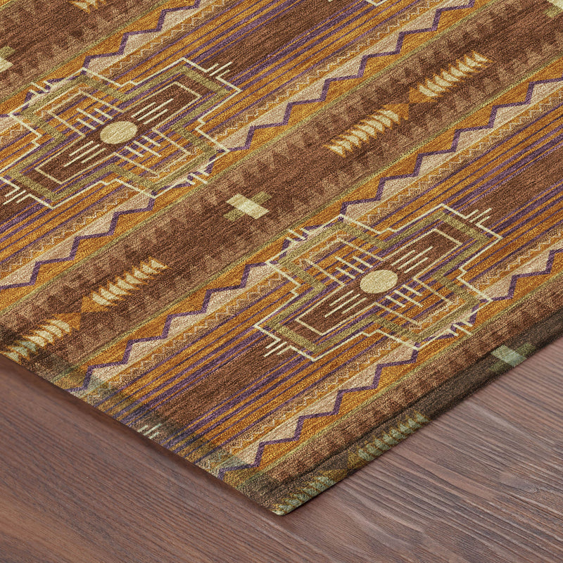 Brown indoor/outdoor area rug with blue and gold geometric stripe motifs.
